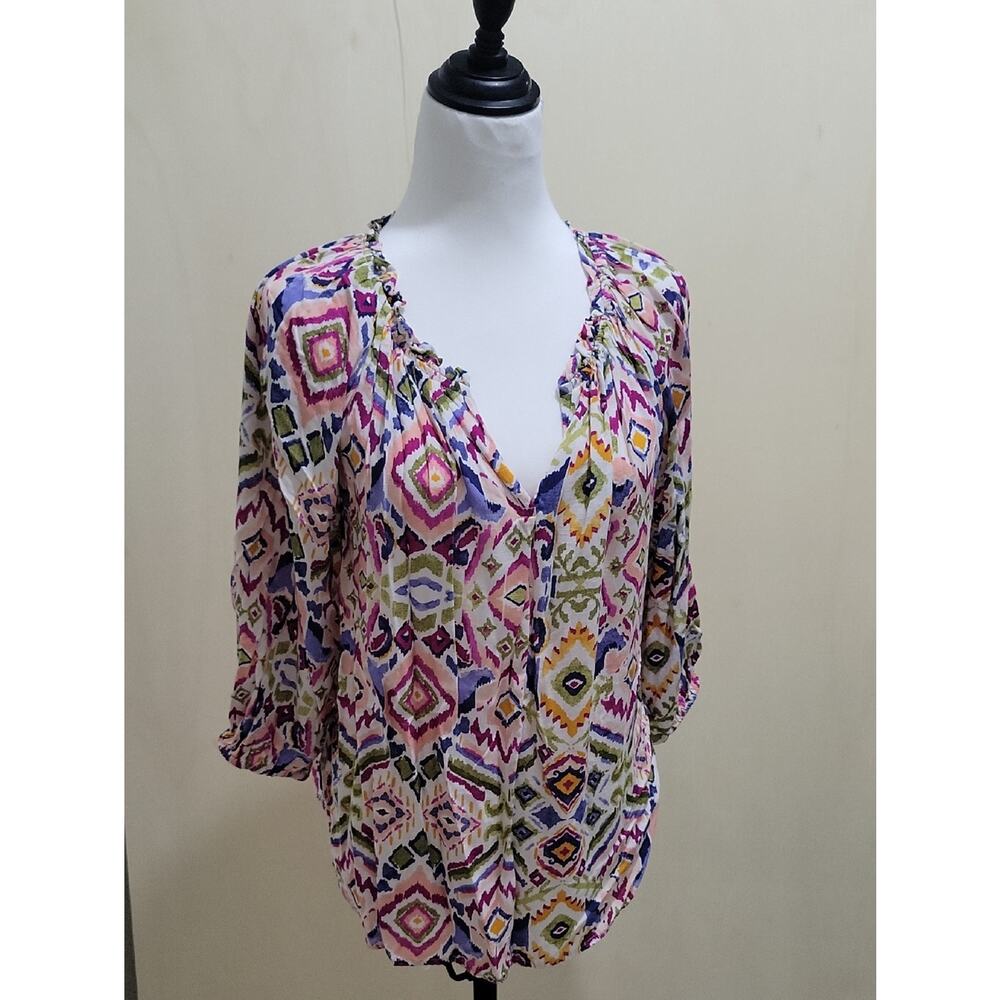 beachlunchlounge Multicolor Ikat V-Neck  Boho Blouse Womens S, Artsy Chic